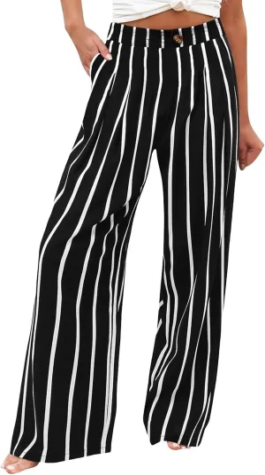 Striped Linen Pants Women Summer Casual Button Up Wide Leg Linen Pants Vintage Palazzo Lounge Pants with Pockets
