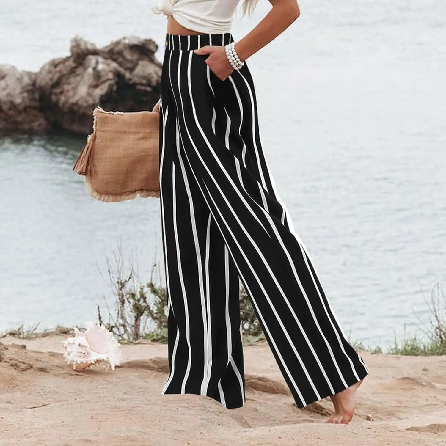 Striped Linen Pants Women Summer Casual Button Up Wide Leg Linen Pants Vintage Palazzo Lounge Pants with Pockets