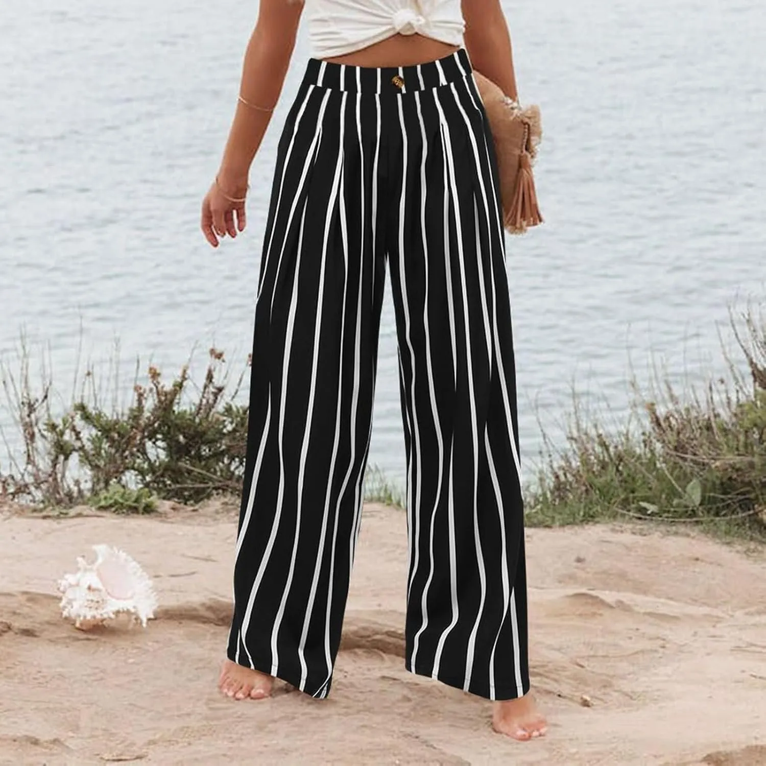 Striped Linen Pants Women Summer Casual Button Up Wide Leg Linen Pants Vintage Palazzo Lounge Pants with Pockets