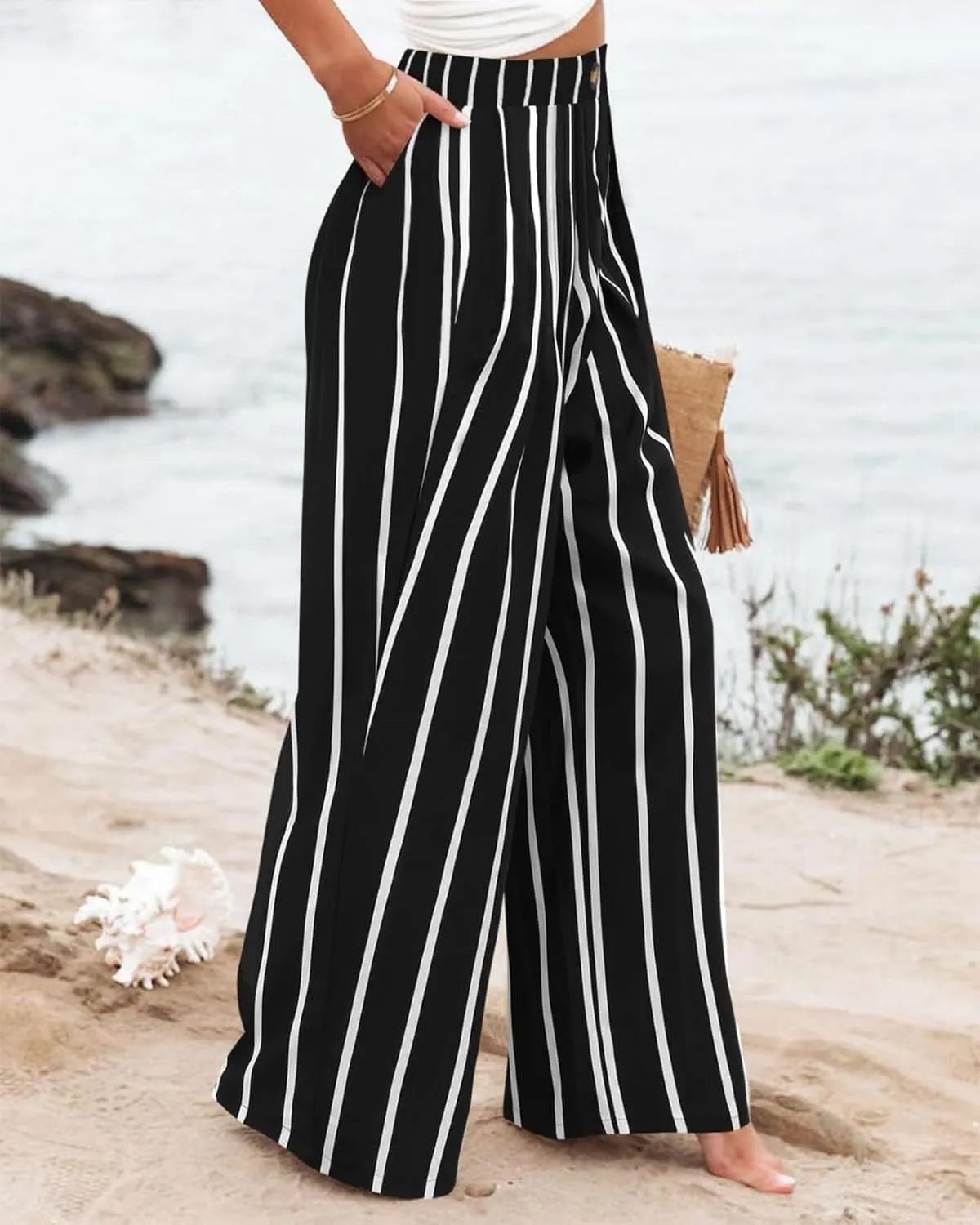 Striped Linen Pants Women Summer Casual Button Up Wide Leg Linen Pants Vintage Palazzo Lounge Pants with Pockets