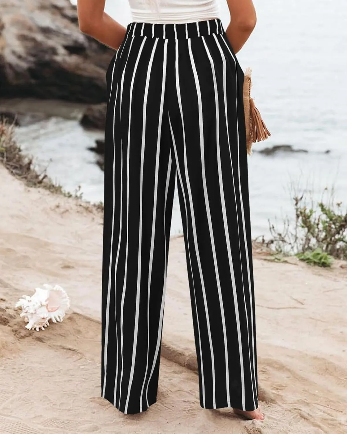 Striped Linen Pants Women Summer Casual Button Up Wide Leg Linen Pants Vintage Palazzo Lounge Pants with Pockets