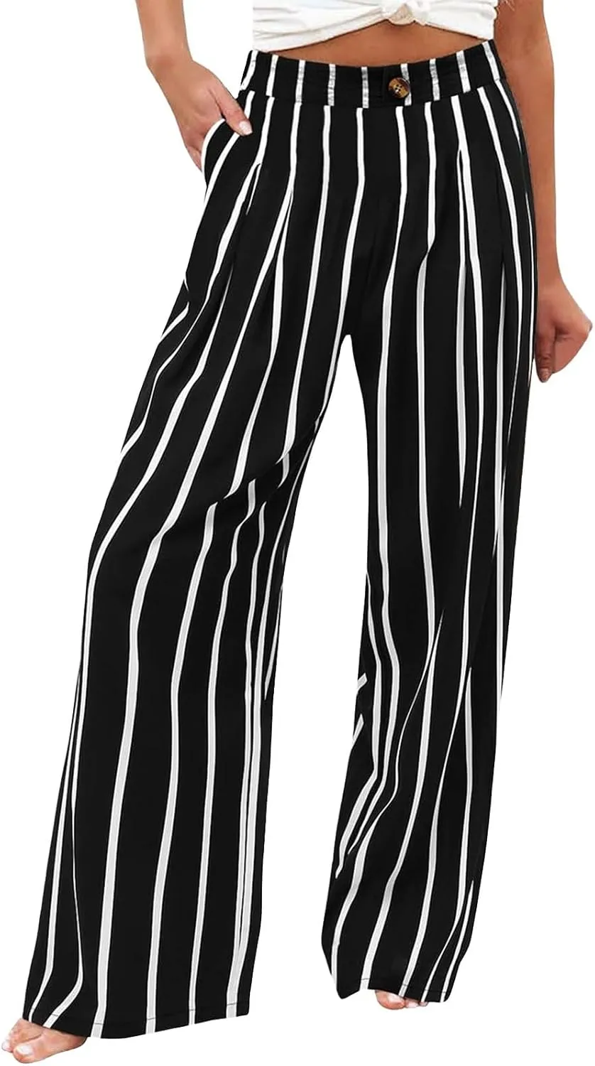 Striped Linen Pants Women Summer Casual Button Up Wide Leg Linen Pants Vintage Palazzo Lounge Pants with Pockets
