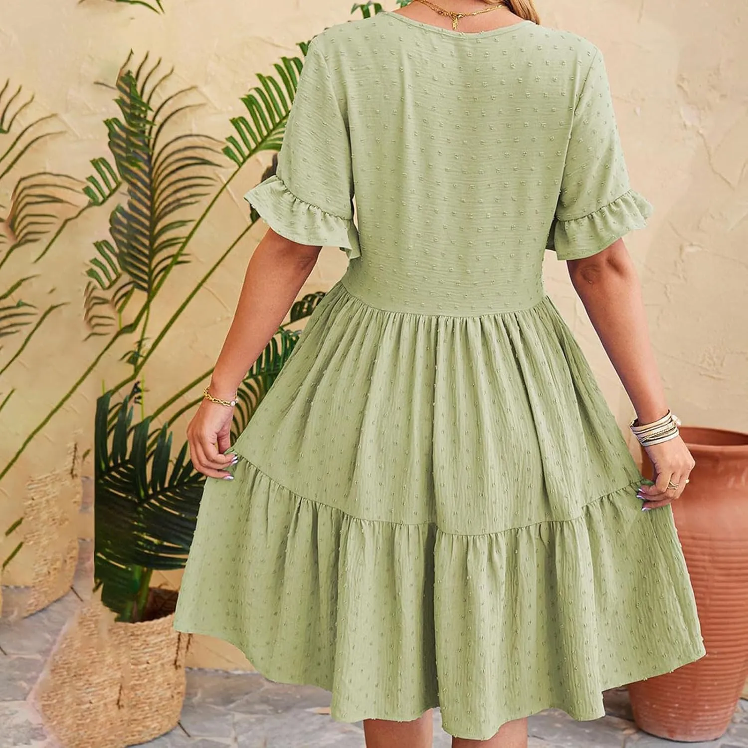 Summer Dresses for Women, 2025 Button Front V Neck Tunic Dresses Soft Comfy Short Sleeve Ruffle Vacation Mini Dress