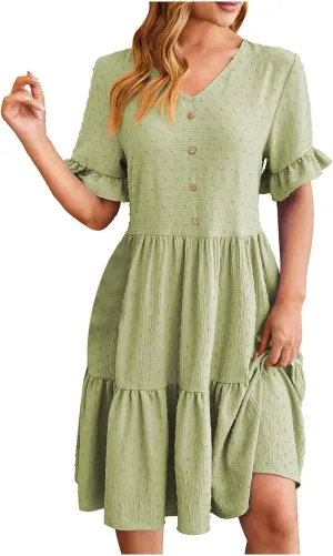 Summer Dresses for Women, 2025 Button Front V Neck Tunic Dresses Soft Comfy Short Sleeve Ruffle Vacation Mini Dress
