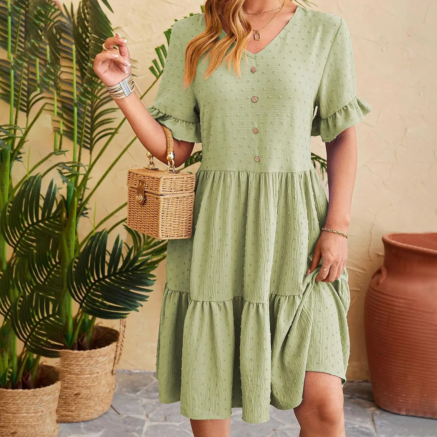 Summer Dresses for Women, 2025 Button Front V Neck Tunic Dresses Soft Comfy Short Sleeve Ruffle Vacation Mini Dress