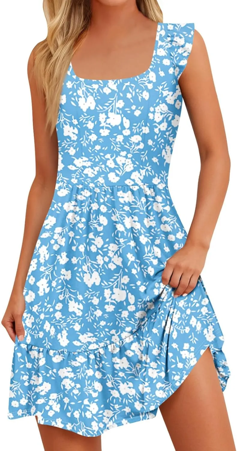 Summer Dresses for Women 2025 Casual Sleeveless Ruffle Flowy Midi Dress Square Neck Tiered Boho Beach Tunic Sundress