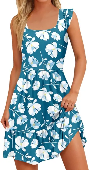 Summer Dresses for Women 2025 Casual Sleeveless Ruffle Flowy Midi Dress Square Neck Tiered Boho Beach Tunic Sundress