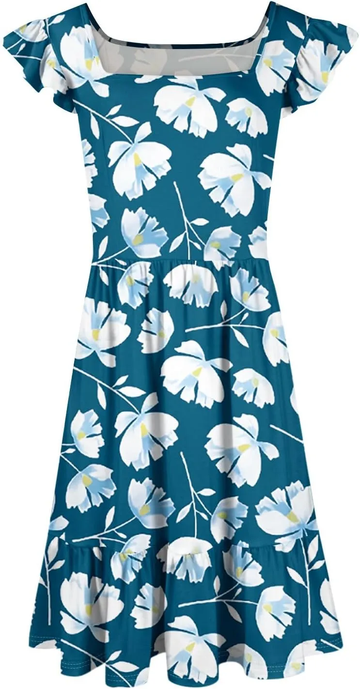 Summer Dresses for Women 2025 Casual Sleeveless Ruffle Flowy Midi Dress Square Neck Tiered Boho Beach Tunic Sundress