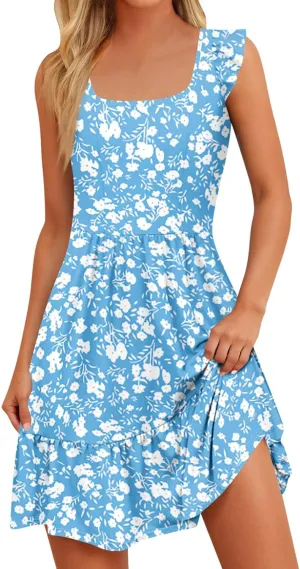 Summer Dresses for Women 2025 Casual Sleeveless Ruffle Flowy Midi Dress Square Neck Tiered Boho Beach Tunic Sundress