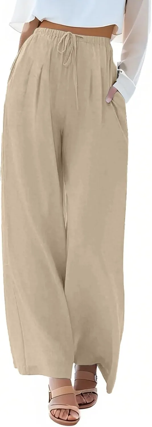 Summer Linen Pants Women Casual Drawstring Elastic Waist Palazzo Pants Flowy Boho Wide Leg Beach Trousers with Pockets