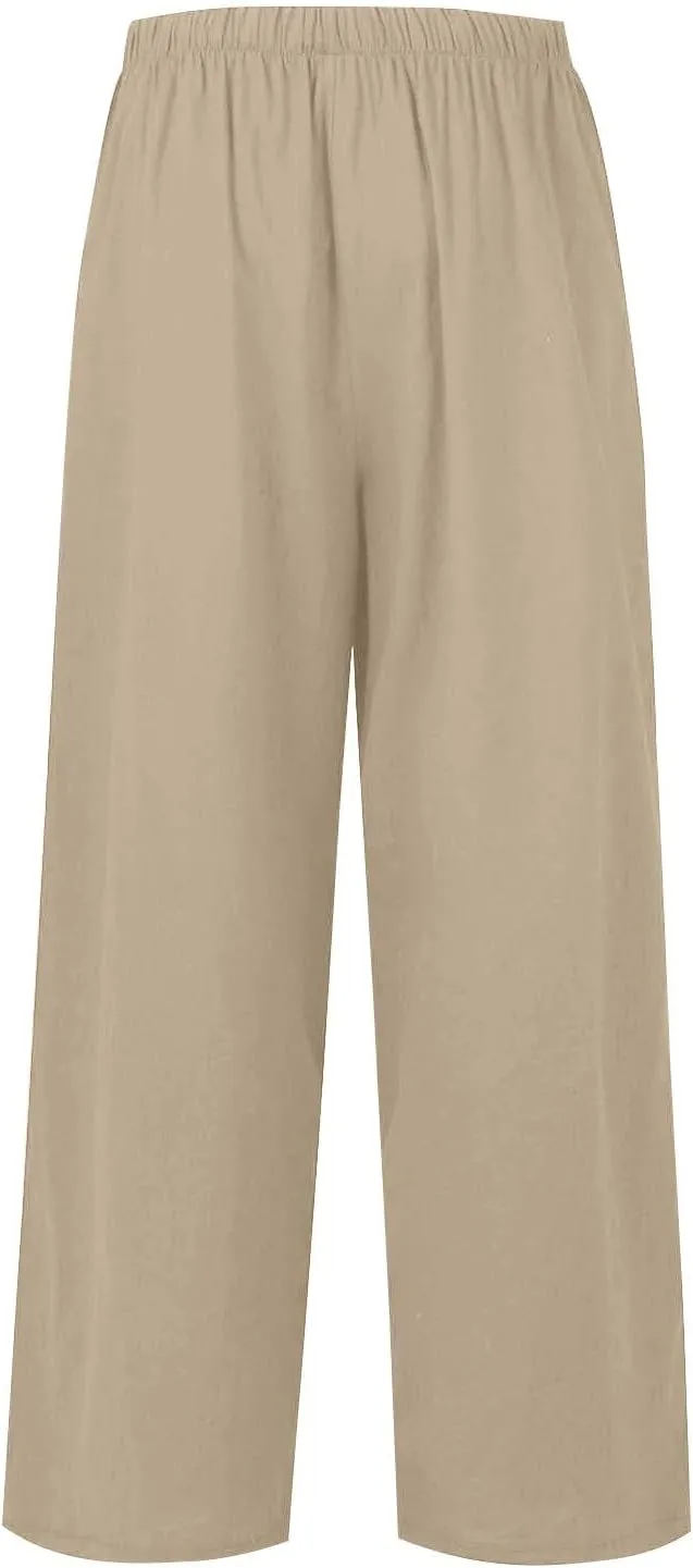 Summer Linen Pants Women Casual Drawstring Elastic Waist Palazzo Pants Flowy Boho Wide Leg Beach Trousers with Pockets