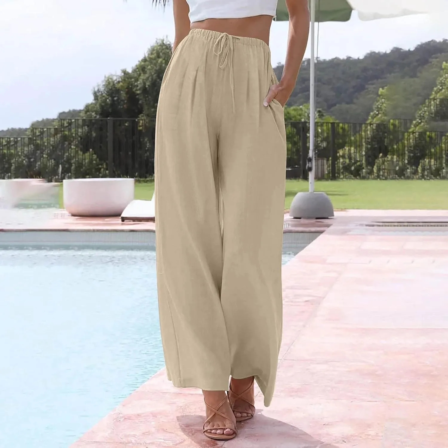 Summer Linen Pants Women Casual Drawstring Elastic Waist Palazzo Pants Flowy Boho Wide Leg Beach Trousers with Pockets