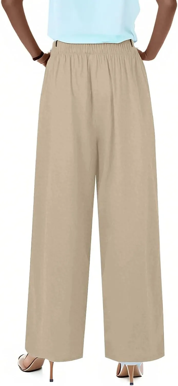 Summer Linen Pants Women Casual Drawstring Elastic Waist Palazzo Pants Flowy Boho Wide Leg Beach Trousers with Pockets