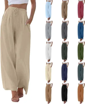 Summer Linen Pants Women Casual Drawstring Elastic Waist Palazzo Pants Flowy Boho Wide Leg Beach Trousers with Pockets