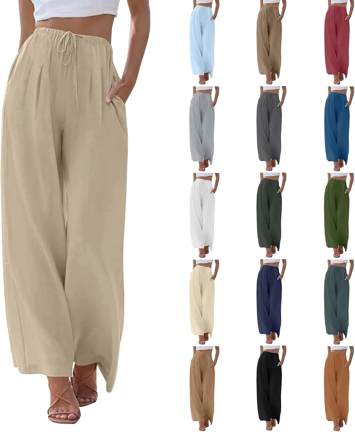 Summer Linen Pants Women Casual Drawstring Elastic Waist Palazzo Pants Flowy Boho Wide Leg Beach Trousers with Pockets