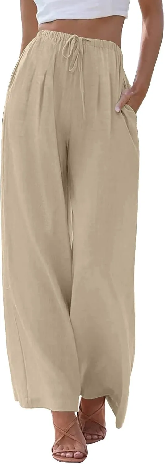 Summer Linen Pants Women Casual Drawstring Elastic Waist Palazzo Pants Flowy Boho Wide Leg Beach Trousers with Pockets