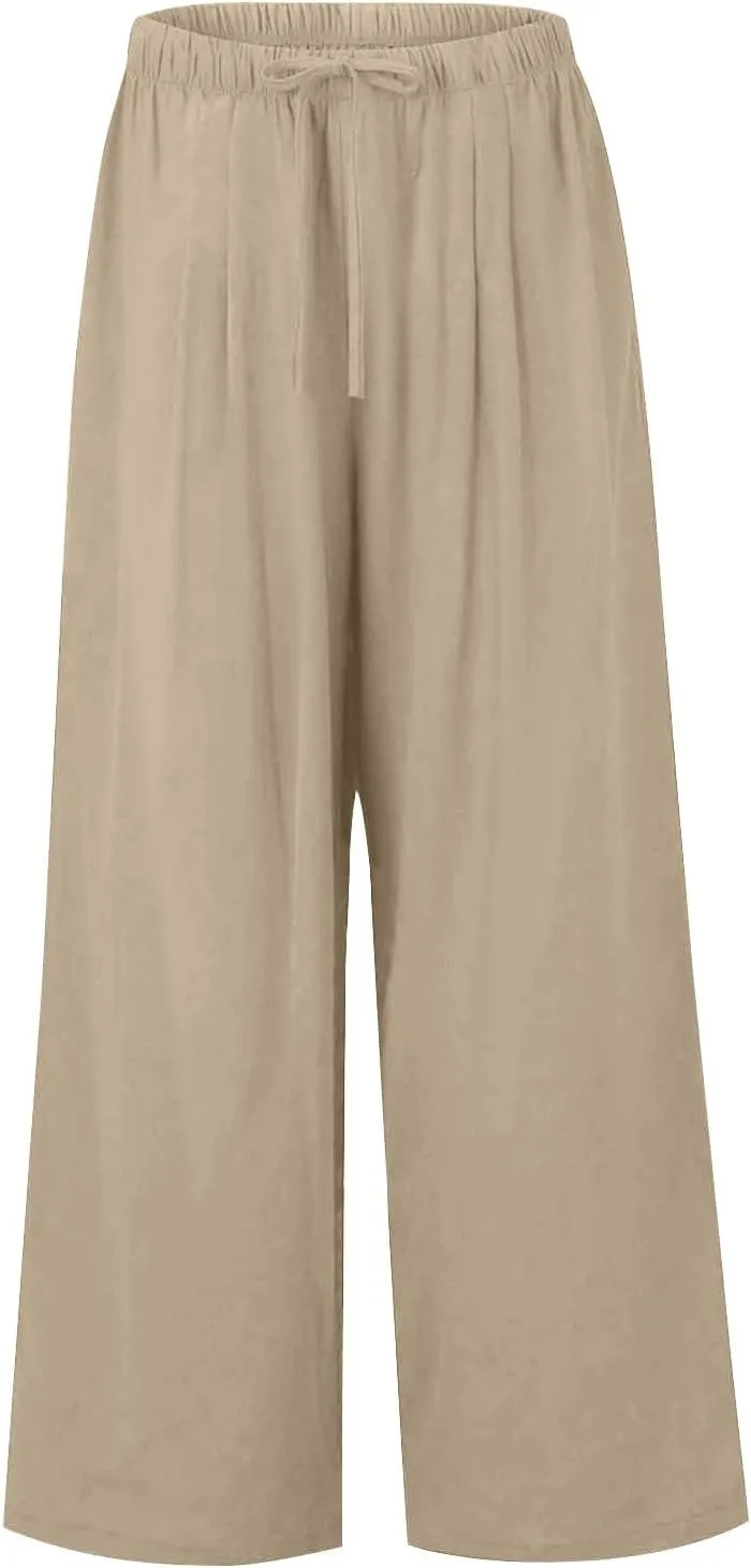 Summer Linen Pants Women Casual Drawstring Elastic Waist Palazzo Pants Flowy Boho Wide Leg Beach Trousers with Pockets