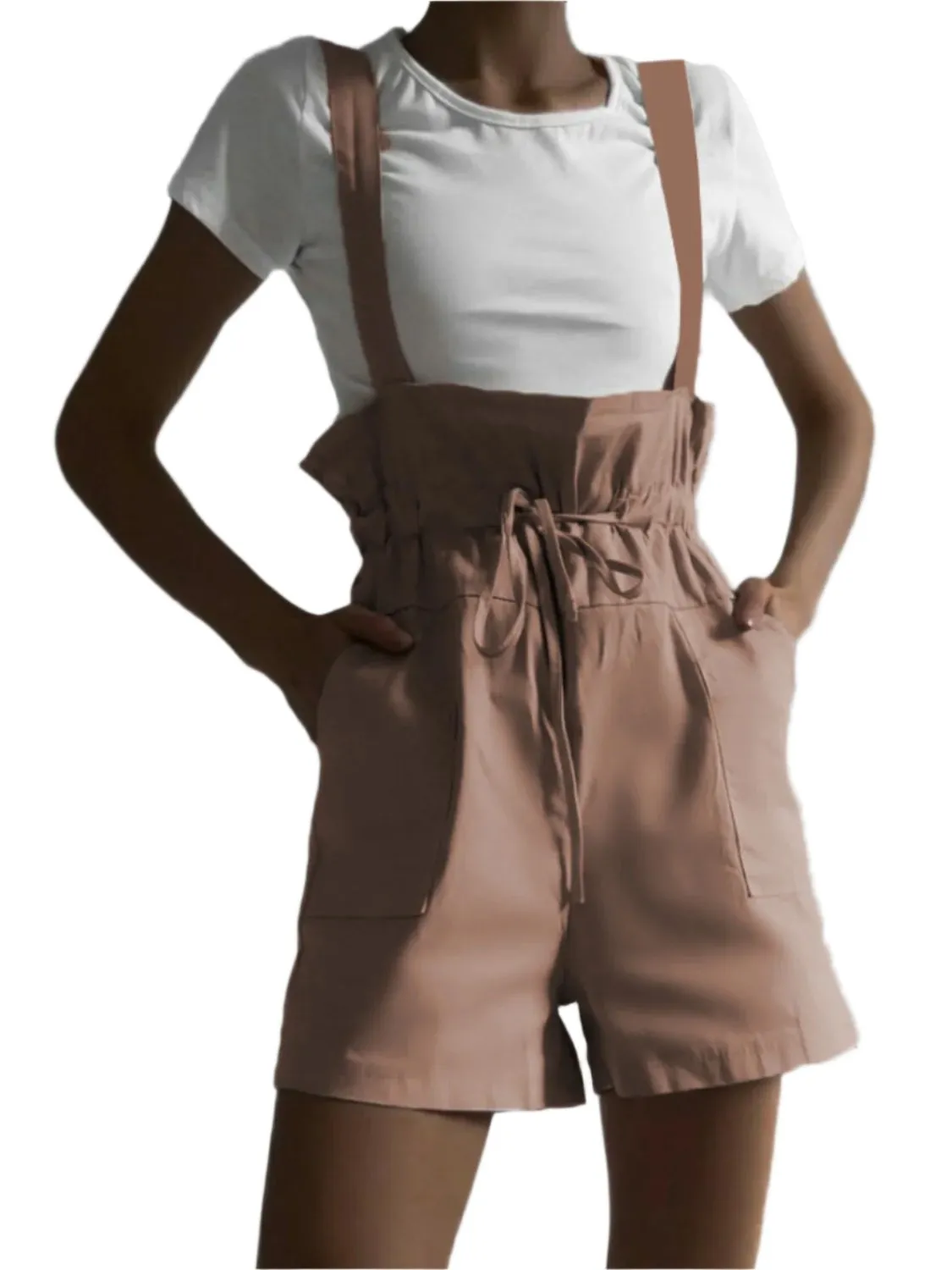 TEEK - Drawstring Pocketed Wide Strap Pocketed Short Overalls