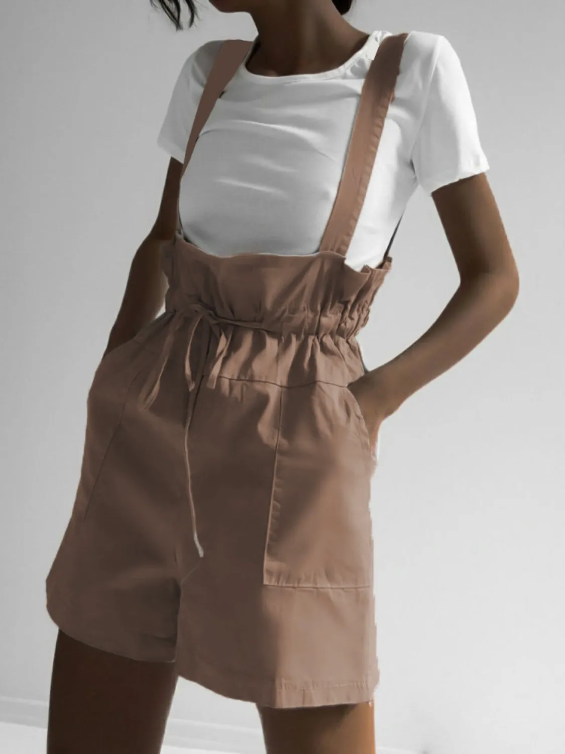 TEEK - Drawstring Pocketed Wide Strap Pocketed Short Overalls