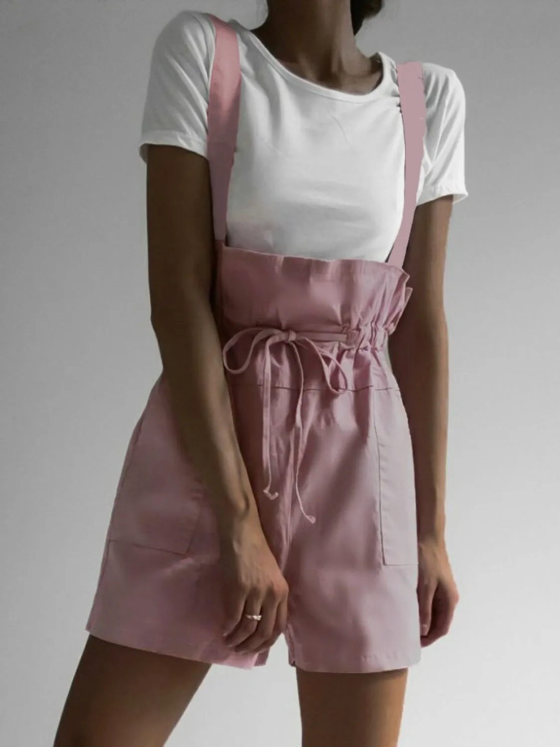 TEEK - Drawstring Pocketed Wide Strap Pocketed Short Overalls