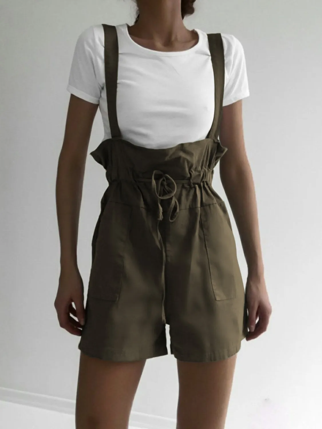 TEEK - Drawstring Pocketed Wide Strap Pocketed Short Overalls