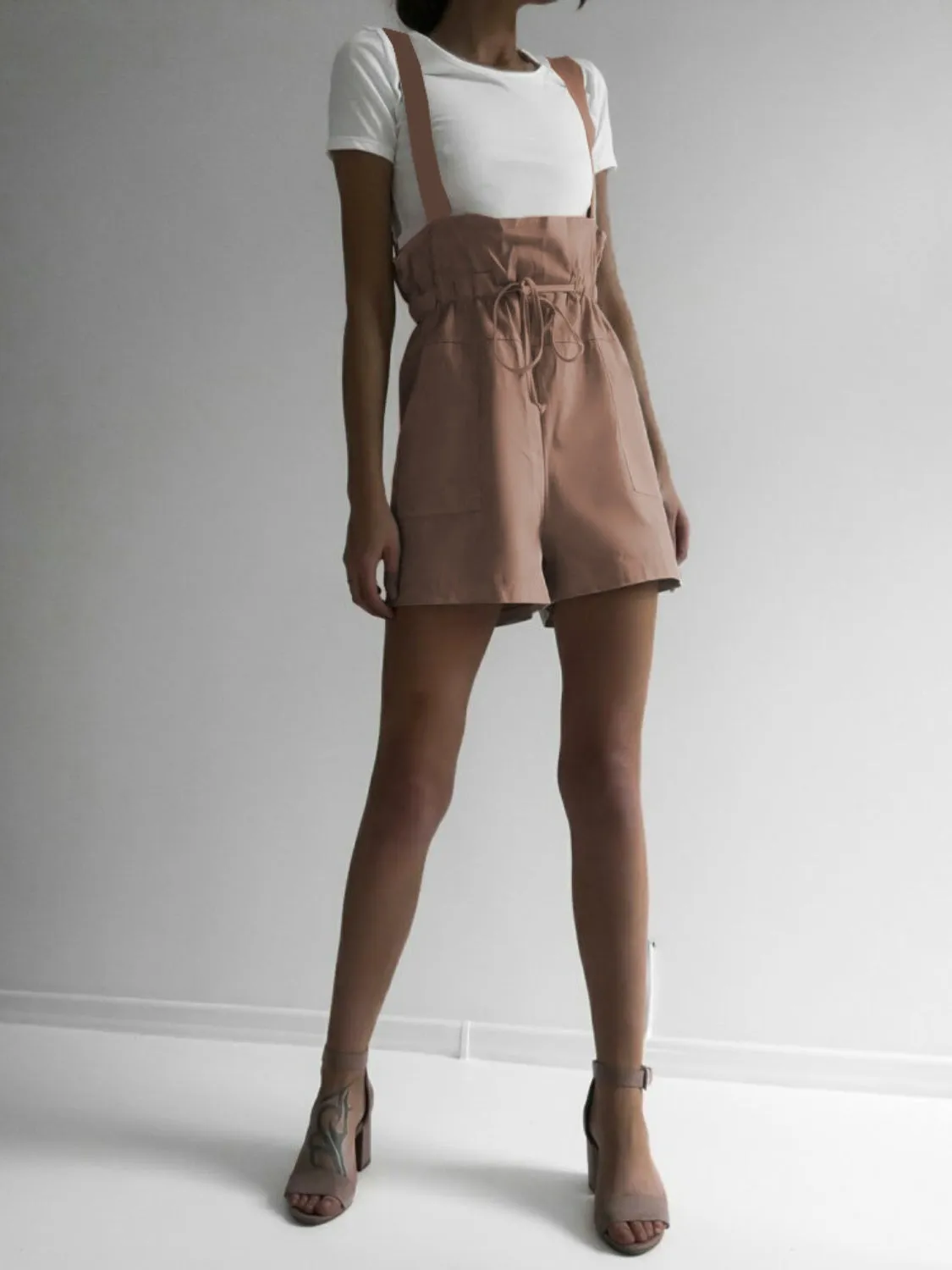 TEEK - Drawstring Pocketed Wide Strap Pocketed Short Overalls