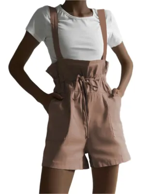 TEEK - Drawstring Pocketed Wide Strap Pocketed Short Overalls