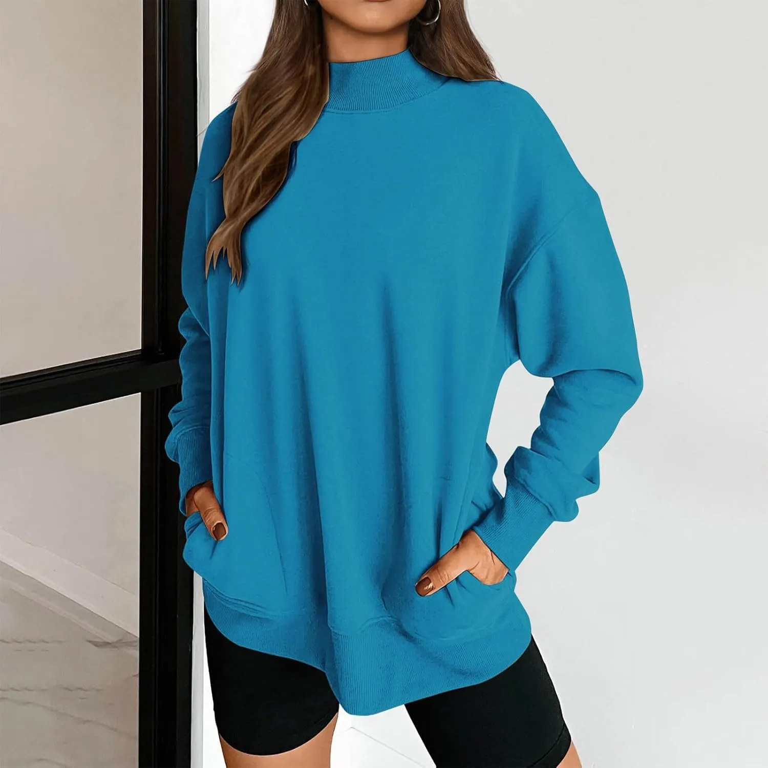 Trendy Sweatshirt for Women with Pockets Stretchy Mock Neck Tops Drop Shoulder Solid Color Pullover Hoodie Y2K