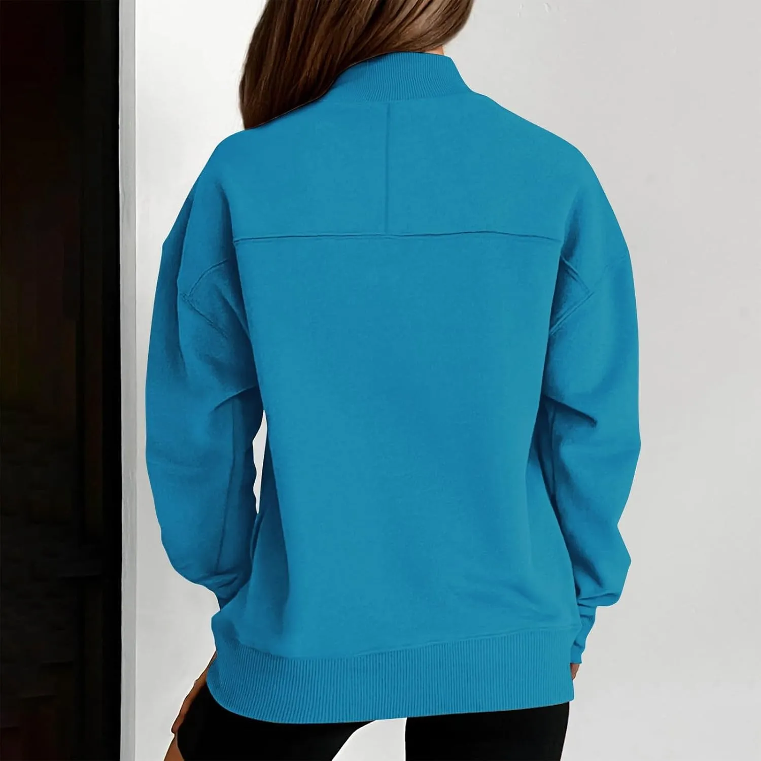 Trendy Sweatshirt for Women with Pockets Stretchy Mock Neck Tops Drop Shoulder Solid Color Pullover Hoodie Y2K