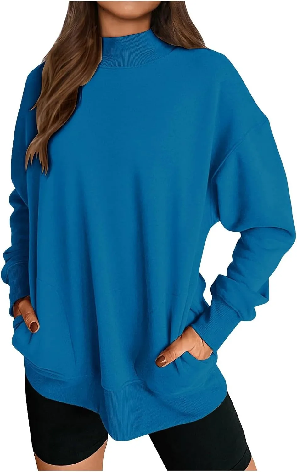 Trendy Sweatshirt for Women with Pockets Stretchy Mock Neck Tops Drop Shoulder Solid Color Pullover Hoodie Y2K