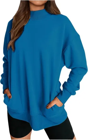 Trendy Sweatshirt for Women with Pockets Stretchy Mock Neck Tops Drop Shoulder Solid Color Pullover Hoodie Y2K