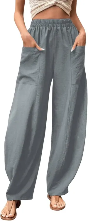 Wide Leg Pants Woman Casual Loose Fit Summer Flowy Solid Color High Waisted Linen Wide Leg Pants Work Lounge Pockets Trousers
