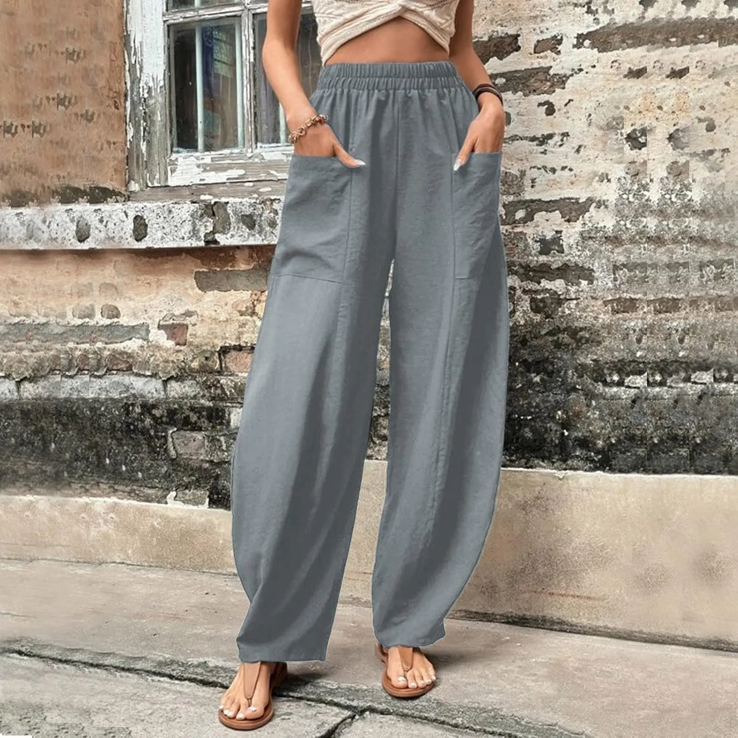 Wide Leg Pants Woman Casual Loose Fit Summer Flowy Solid Color High Waisted Linen Wide Leg Pants Work Lounge Pockets Trousers