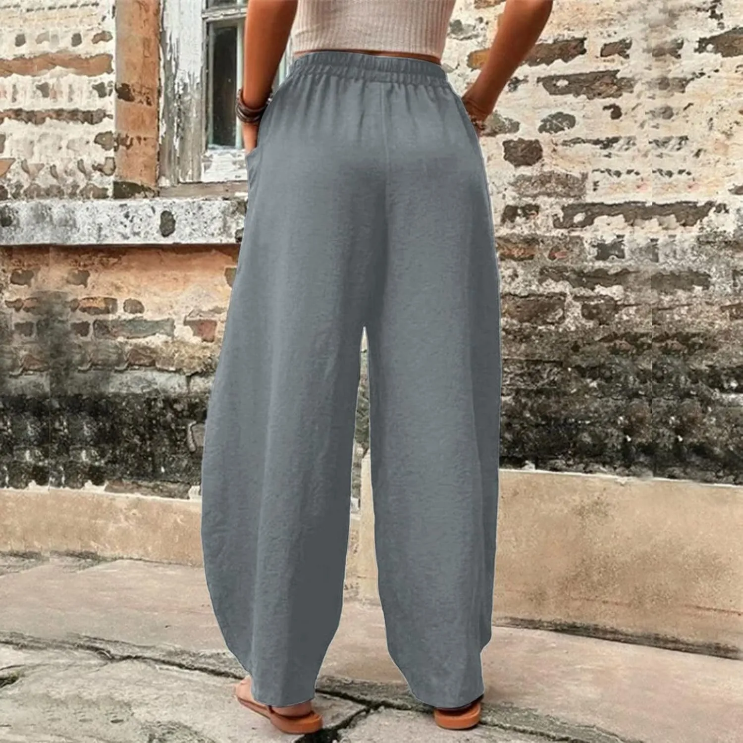 Wide Leg Pants Woman Casual Loose Fit Summer Flowy Solid Color High Waisted Linen Wide Leg Pants Work Lounge Pockets Trousers