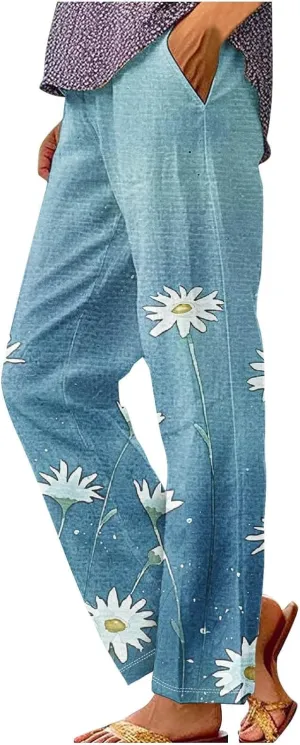 Woman Wide Leg Linen Pants 2025 Women's Botanical Floral Print Loose Pocket Casual Cotton and Linen Pants