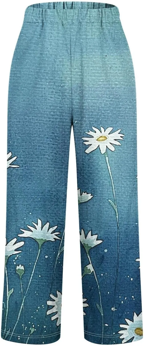 Woman Wide Leg Linen Pants 2025 Women's Botanical Floral Print Loose Pocket Casual Cotton and Linen Pants
