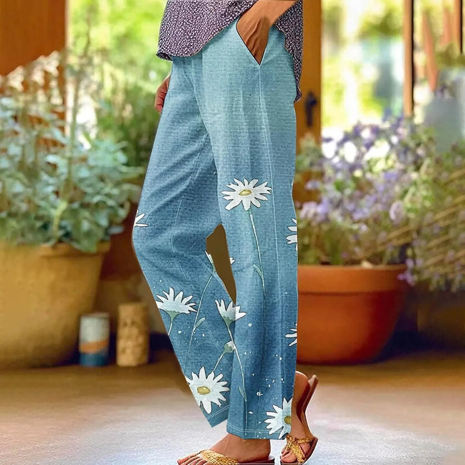 Woman Wide Leg Linen Pants 2025 Women's Botanical Floral Print Loose Pocket Casual Cotton and Linen Pants