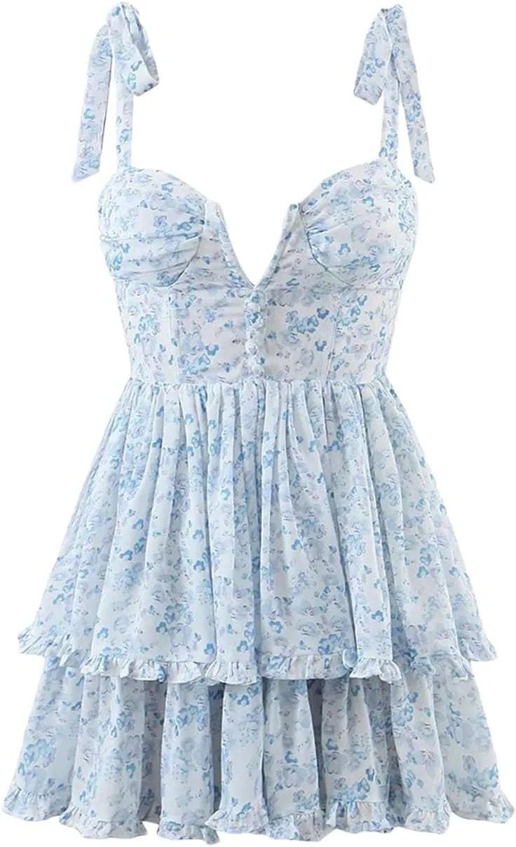 Women Slim Shoulder Straps Ruffle Cake Chiffon Dress Ladies Floral Print Holiday Party Mini Dress