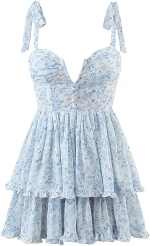 Women Slim Shoulder Straps Ruffle Cake Chiffon Dress Ladies Floral Print Holiday Party Mini Dress