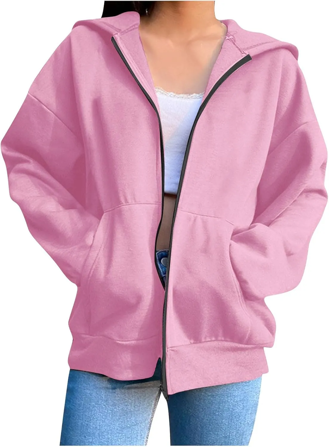 Womens Fall Hoodies Pullover Full Zip Up Jacket Casual Long Sleeve Hooded Sweatshirt with Pockets Fall Oversized Tops