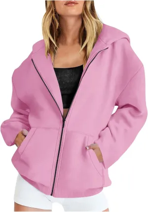 Womens Fall Hoodies Pullover Full Zip Up Jacket Casual Long Sleeve Hooded Sweatshirt with Pockets Fall Oversized Tops
