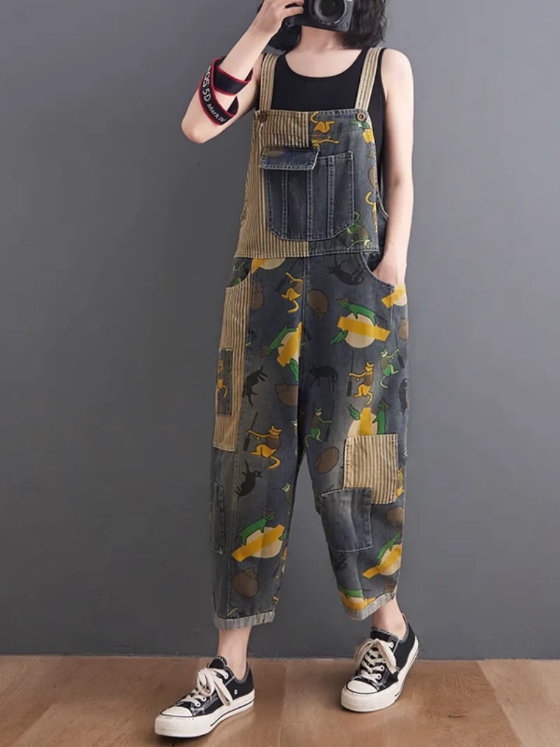 Women's Modern Large Size Cartoon Printed Dungaree