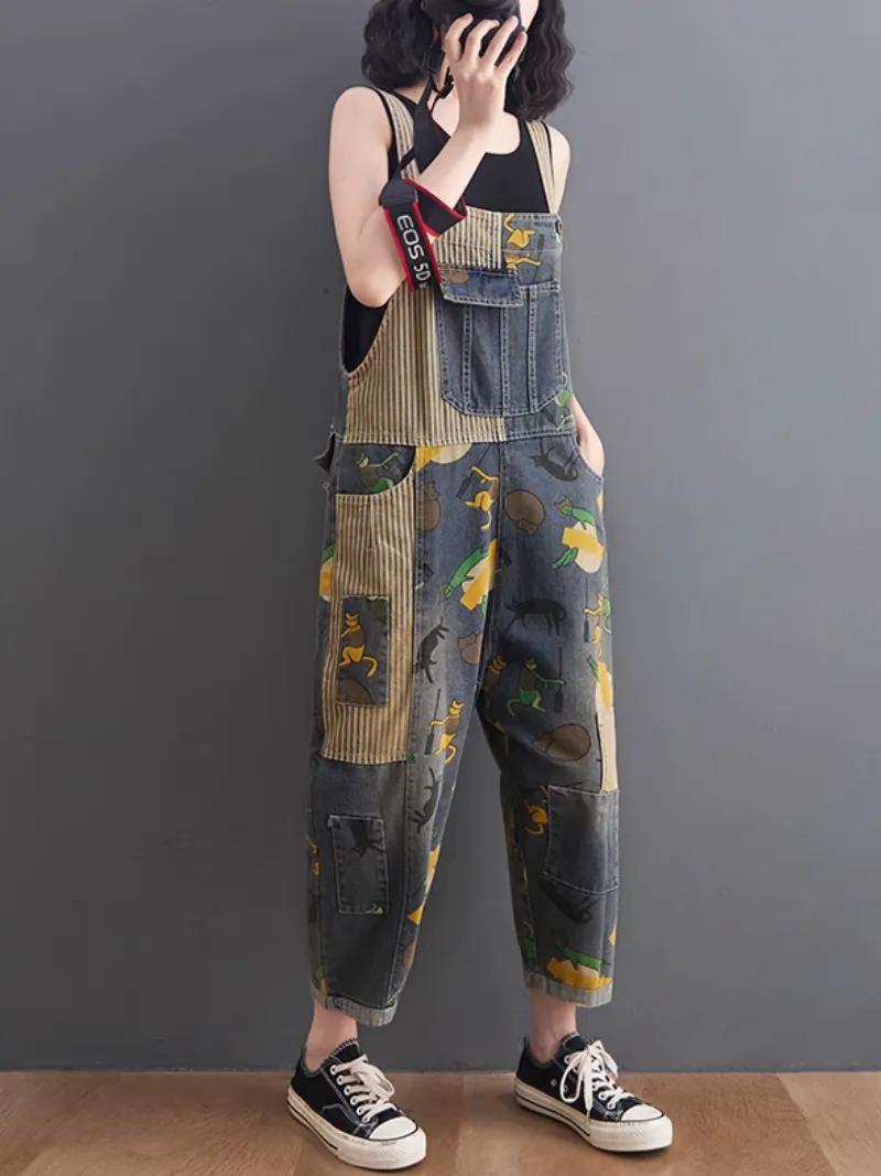 Women's Modern Large Size Cartoon Printed Dungaree