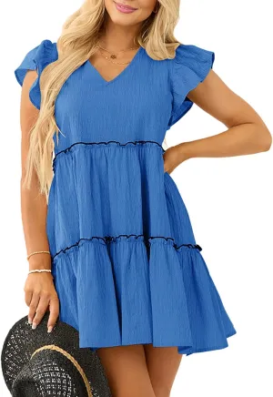 Womens Summer Babydoll Mini Dress V Neck Tie Back Ruffle Sleeve Casual Tiered Loose Flowy Swing Tunic Shift Dress