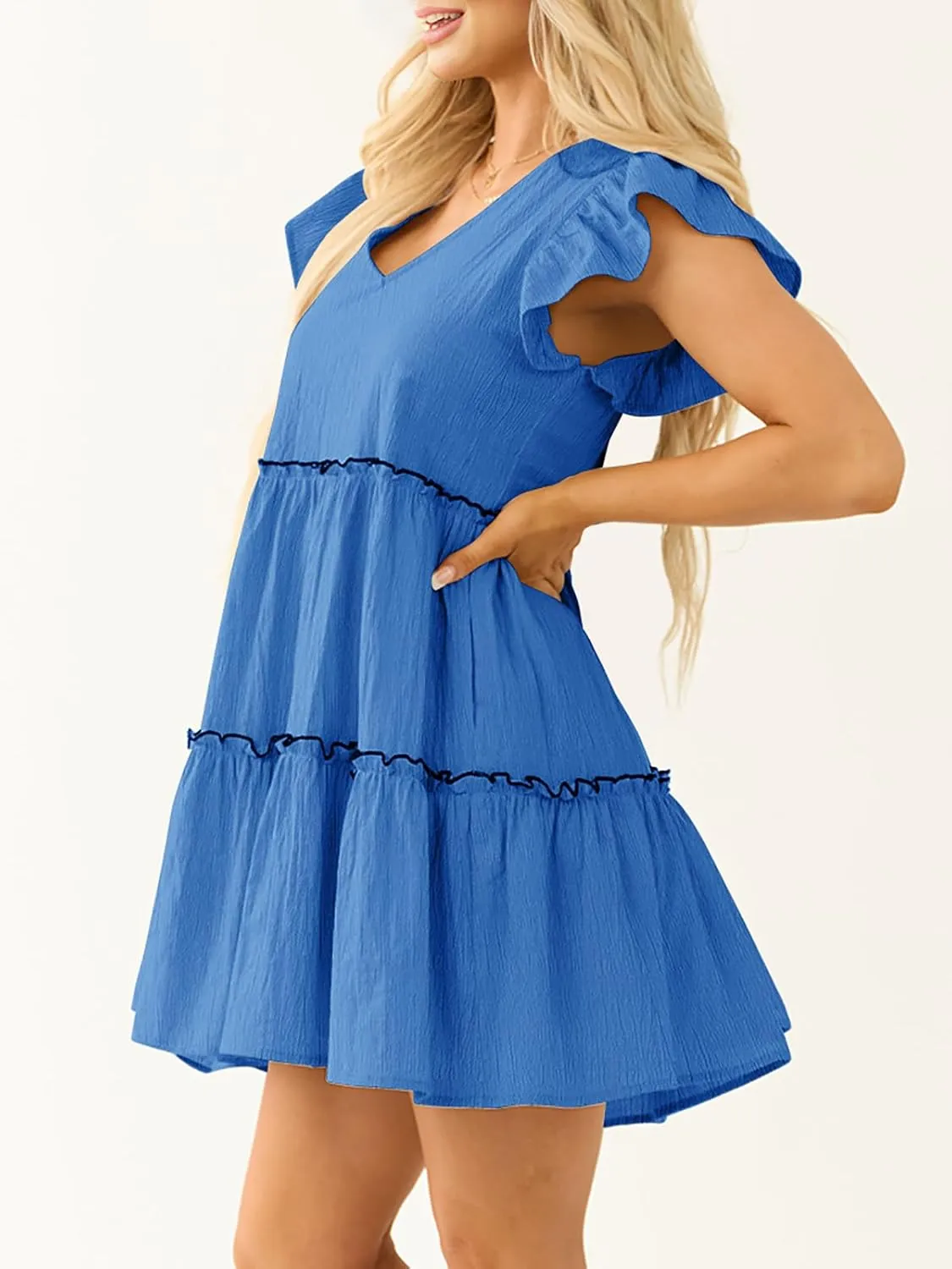 Womens Summer Babydoll Mini Dress V Neck Tie Back Ruffle Sleeve Casual Tiered Loose Flowy Swing Tunic Shift Dress