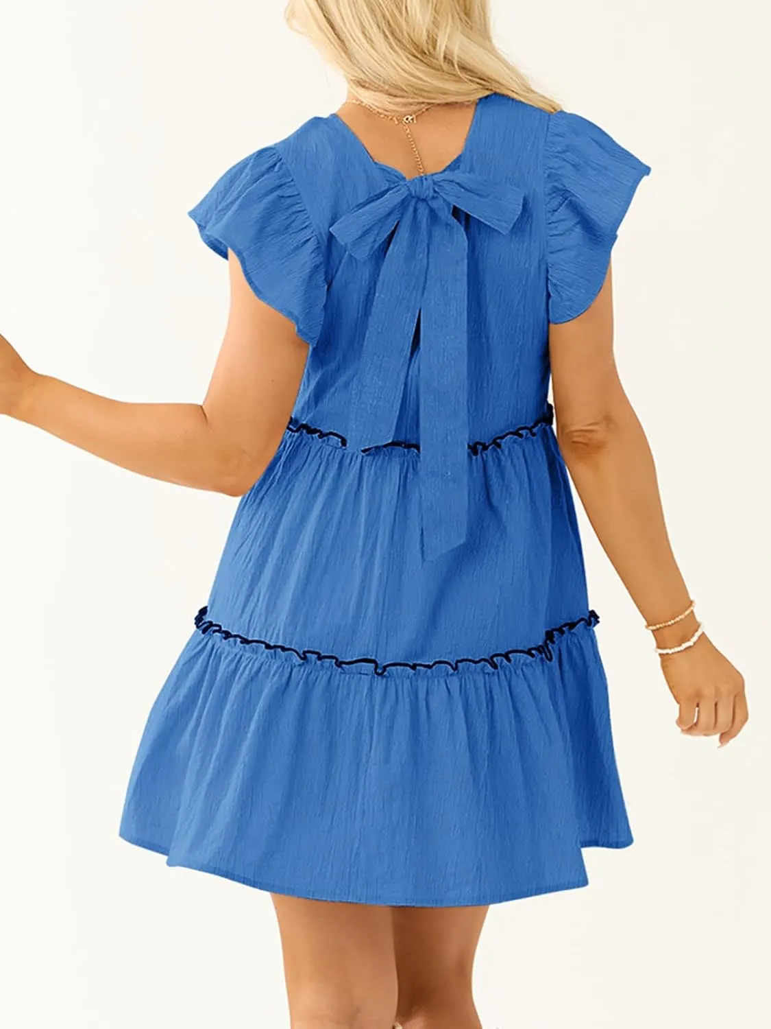 Womens Summer Babydoll Mini Dress V Neck Tie Back Ruffle Sleeve Casual Tiered Loose Flowy Swing Tunic Shift Dress