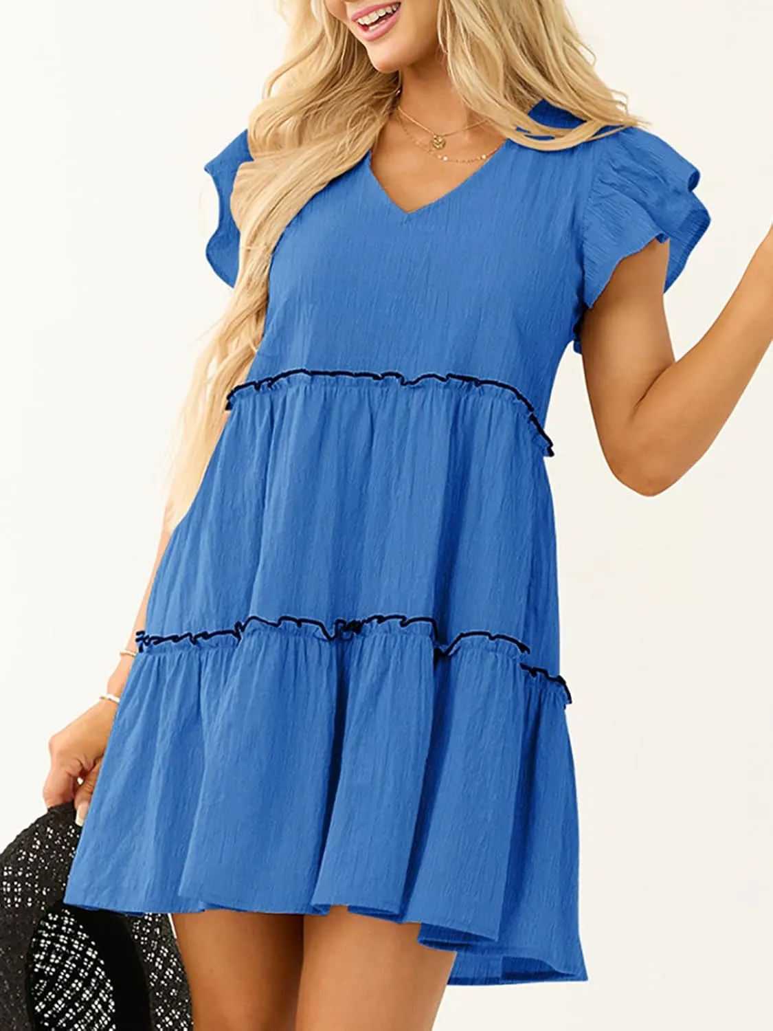 Womens Summer Babydoll Mini Dress V Neck Tie Back Ruffle Sleeve Casual Tiered Loose Flowy Swing Tunic Shift Dress