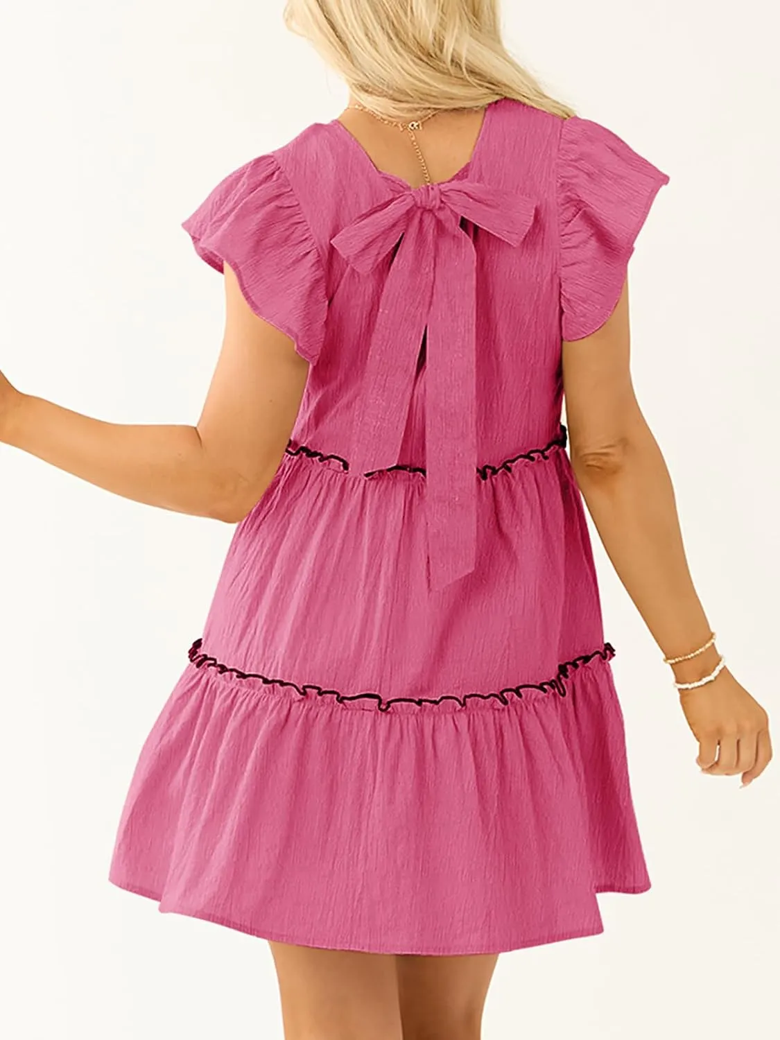 Womens Summer Babydoll Mini Dress V Neck Tie Back Ruffle Sleeve Casual Tiered Loose Flowy Swing Tunic Shift Dress