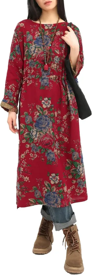 Women's Vintage Printed Cotton Long Sleeve Dress with Adjustable Drawstring A-Line High Waist Split Skirt Casual Robe Red