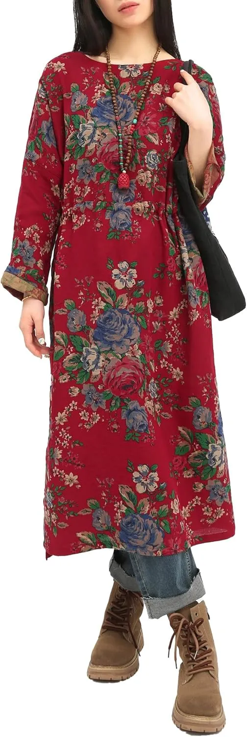 Women's Vintage Printed Cotton Long Sleeve Dress with Adjustable Drawstring A-Line High Waist Split Skirt Casual Robe Red